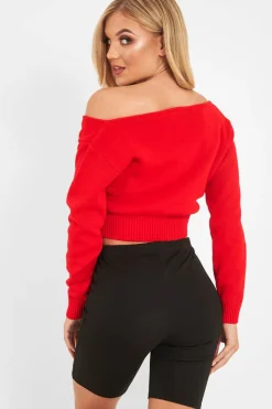 Rebellious Fashion Red Crop V Neck Knit Jumper - Rozella