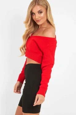 Rebellious Fashion Red Crop V Neck Knit Jumper - Rozella