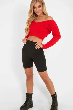 Rebellious Fashion Red Crop V Neck Knit Jumper - Rozella