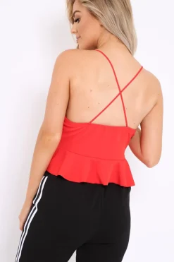 Rebellious Fashion Red Cross Back Frill Hem Crop Top - Jess