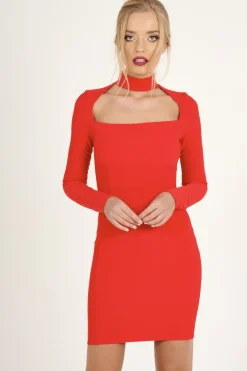 Rebellious Fashion Red Cut Out Choker Bodycon Dress - Tink