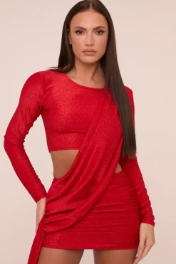 Rebellious Fashion Red Cut Out Detail Draped Long Sleeves Mini Dress - Becca