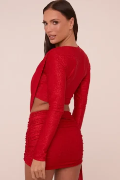 Rebellious Fashion Red Cut Out Detail Draped Long Sleeves Mini Dress - Becca