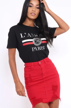 Rebellious Fashion Red Denim Extreme Ripped Skirt - Jeanie