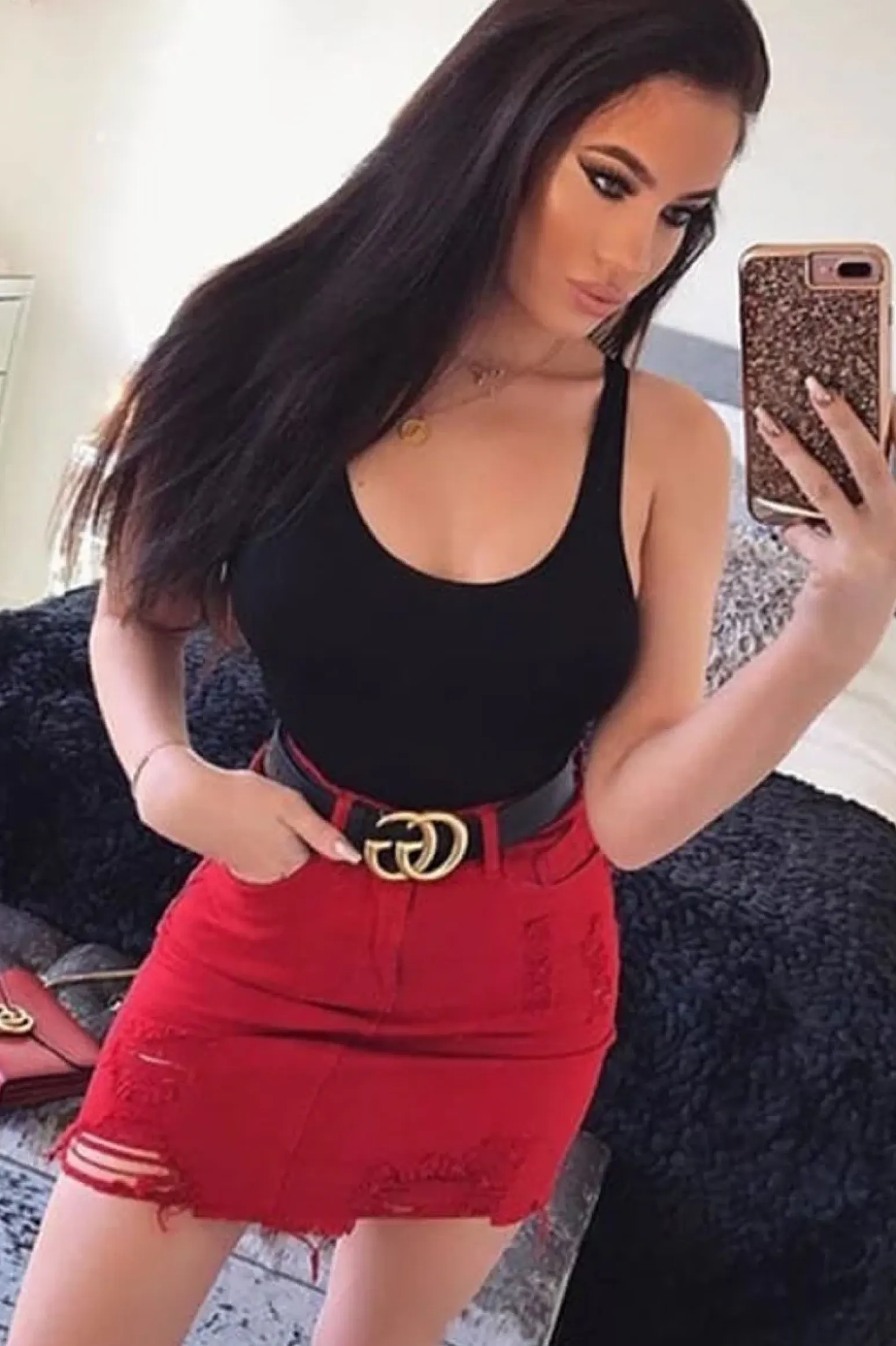 Rebellious Fashion Red Denim Extreme Ripped Skirt - Jeanie