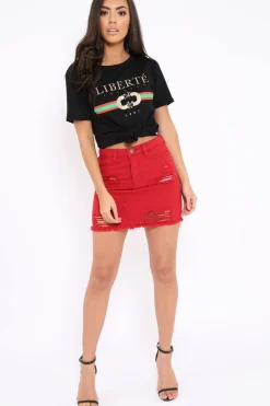 Rebellious Fashion Red Denim Rip Mini Skirt - Selenia