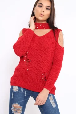 Rebellious Fashion Red Distressed Pearl Chunky Knit Jumper - Narla