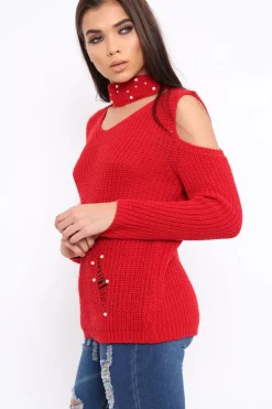 Rebellious Fashion Red Distressed Pearl Chunky Knit Jumper - Narla