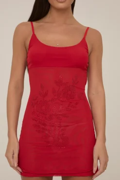 Rebellious Fashion Red Embellished Detail Sheer Cami Mini Dress - Kelsey
