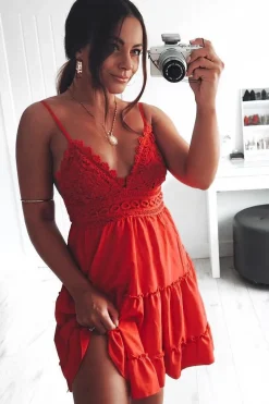 Rebellious Fashion Red Embroidered Tiered Baby Doll Dress - Rowen