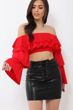 Rebellious Fashion Red extreme Layered Frill Bardot Crop Top - Nevaeh