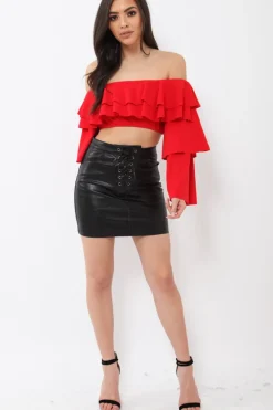 Rebellious Fashion Red extreme Layered Frill Bardot Crop Top - Nevaeh