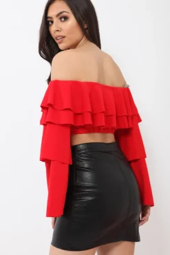 Rebellious Fashion Red extreme Layered Frill Bardot Crop Top - Nevaeh