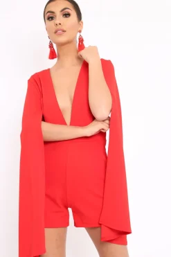 Rebellious Fashion Red Extreme Plunge Cape Playsuit - Haylo