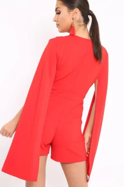 Rebellious Fashion Red Extreme Plunge Cape Playsuit - Haylo