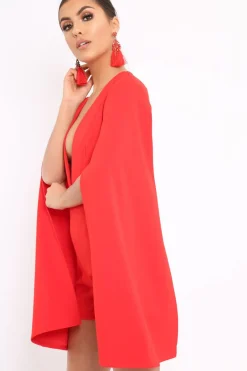 Rebellious Fashion Red Extreme Plunge Cape Playsuit - Haylo