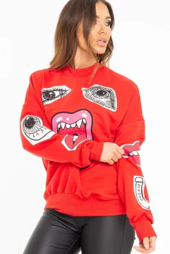Rebellious Fashion Red Eyes Lips Printed Sweatshirt - Beckie