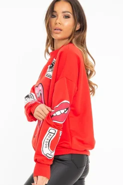 Rebellious Fashion Red Eyes Lips Printed Sweatshirt - Beckie