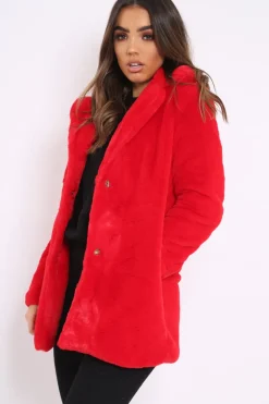 Rebellious Fashion Red Faux Fur Coat - Kinleigh