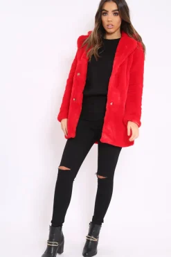 Rebellious Fashion Red Faux Fur Coat - Kinleigh