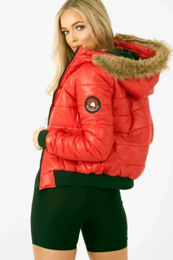 Rebellious Fashion Red Faux Fur Hooded Puffer Coat - Kamorah