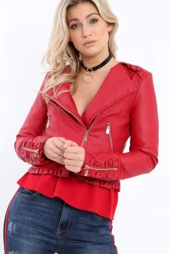 Rebellious Fashion Red Faux Leather Biker Jacket - Colleen