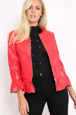 Rebellious Fashion Red Faux Leather Frill Hem Jacket - Cherrie