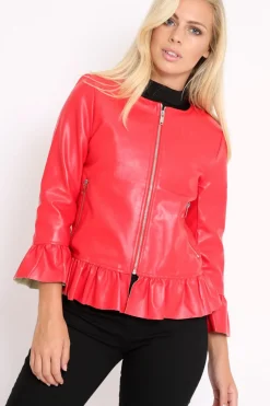 Rebellious Fashion Red Faux Leather Frill Hem Jacket - Cherrie