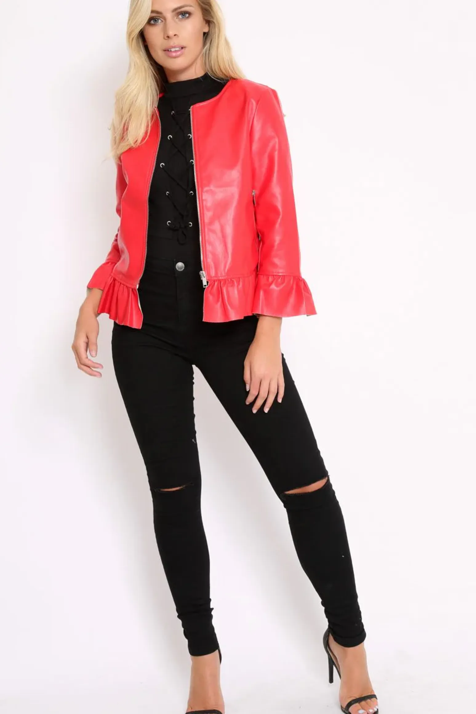 Rebellious Fashion Red Faux Leather Frill Hem Jacket - Cherrie