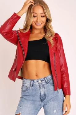 Rebellious Fashion Red Faux Leather Pocket Detail Zip Front Jacket - Lara