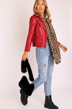 Rebellious Fashion Red Faux Leather Pocket Detail Zip Front Jacket - Lara