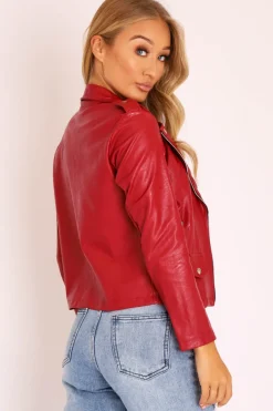 Rebellious Fashion Red Faux Leather Pocket Detail Zip Front Jacket - Lara