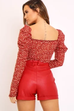 Rebellious Fashion Red Faux Leather Tailored Shorts - Georgia