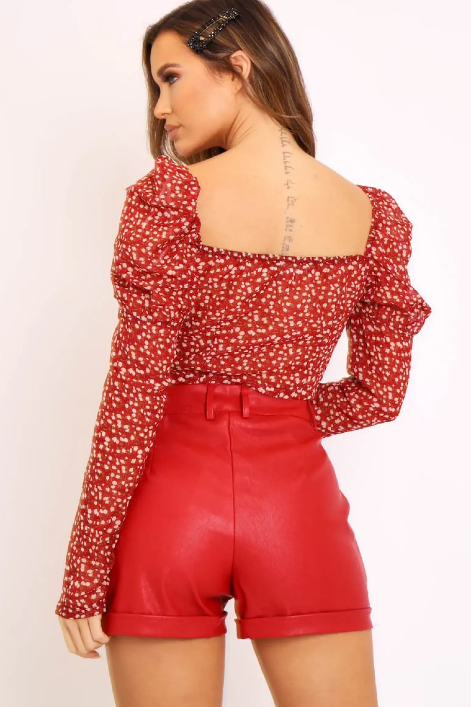 Rebellious Fashion Red Faux Leather Tailored Shorts - Georgia