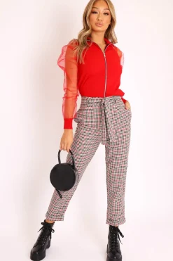 Rebellious Fashion Red Fishnet Sleeve Zip Up Jacket - Cheyann