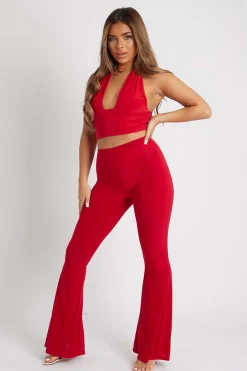 Rebellious Fashion Red Flared Slinky Trousers - Teena