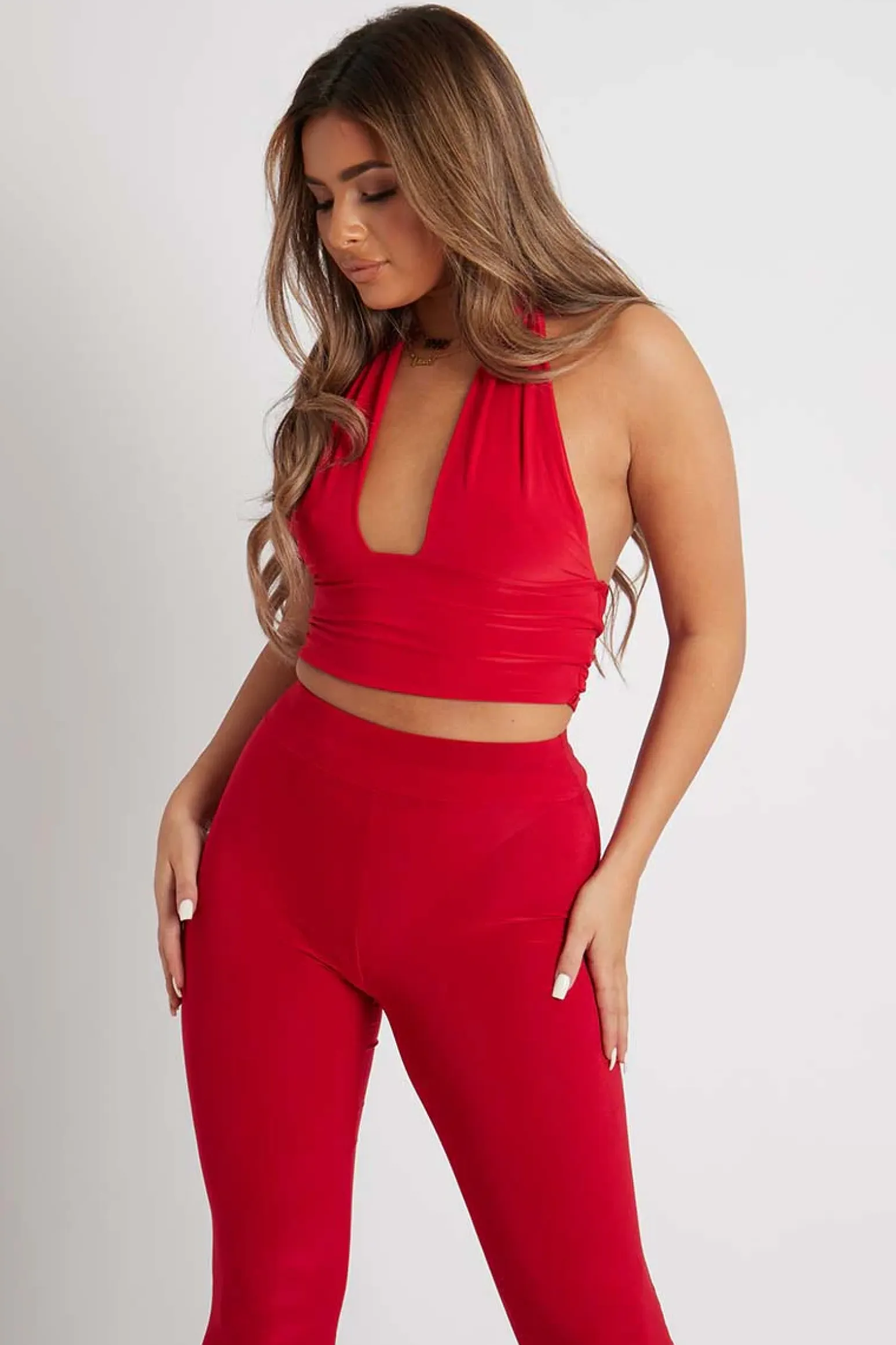 Rebellious Fashion Red Flared Slinky Trousers - Teena