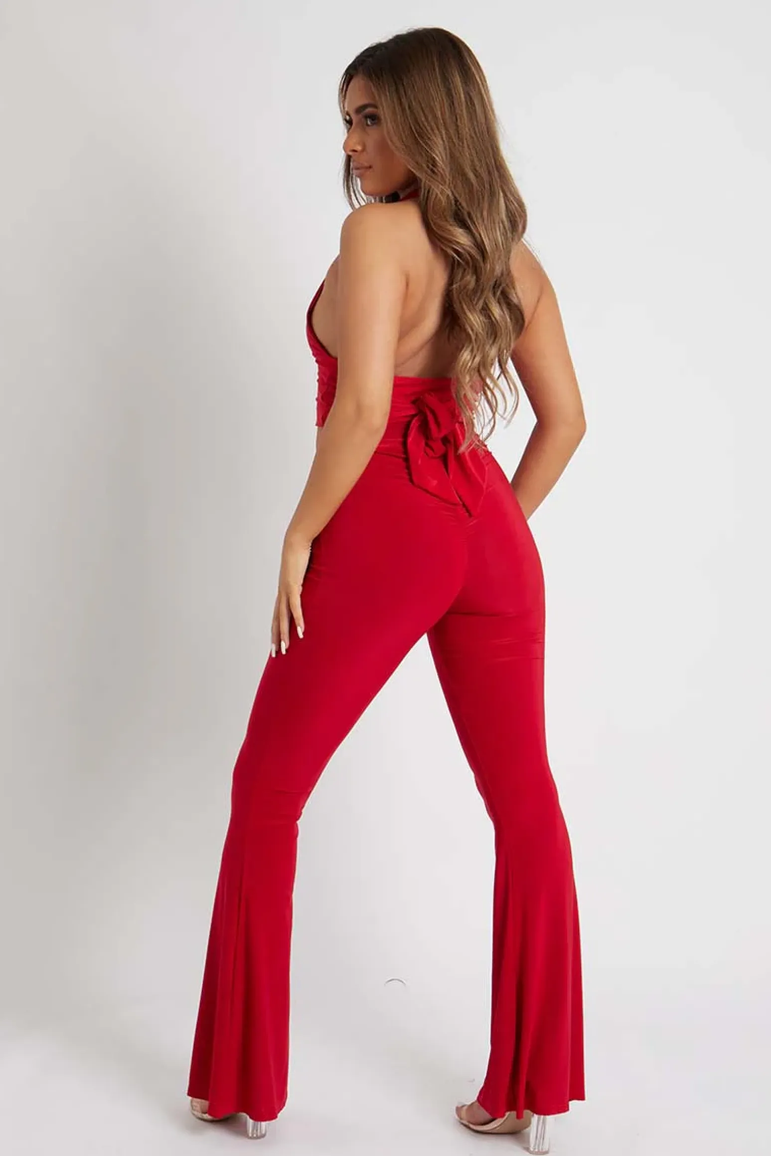 Rebellious Fashion Red Flared Slinky Trousers - Teena