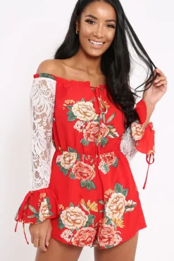 Rebellious Fashion Red Floral Bardot Playsuit with Lace Sleeves - Caroline