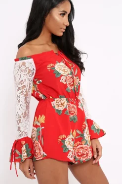 Rebellious Fashion Red Floral Bardot Playsuit with Lace Sleeves - Caroline