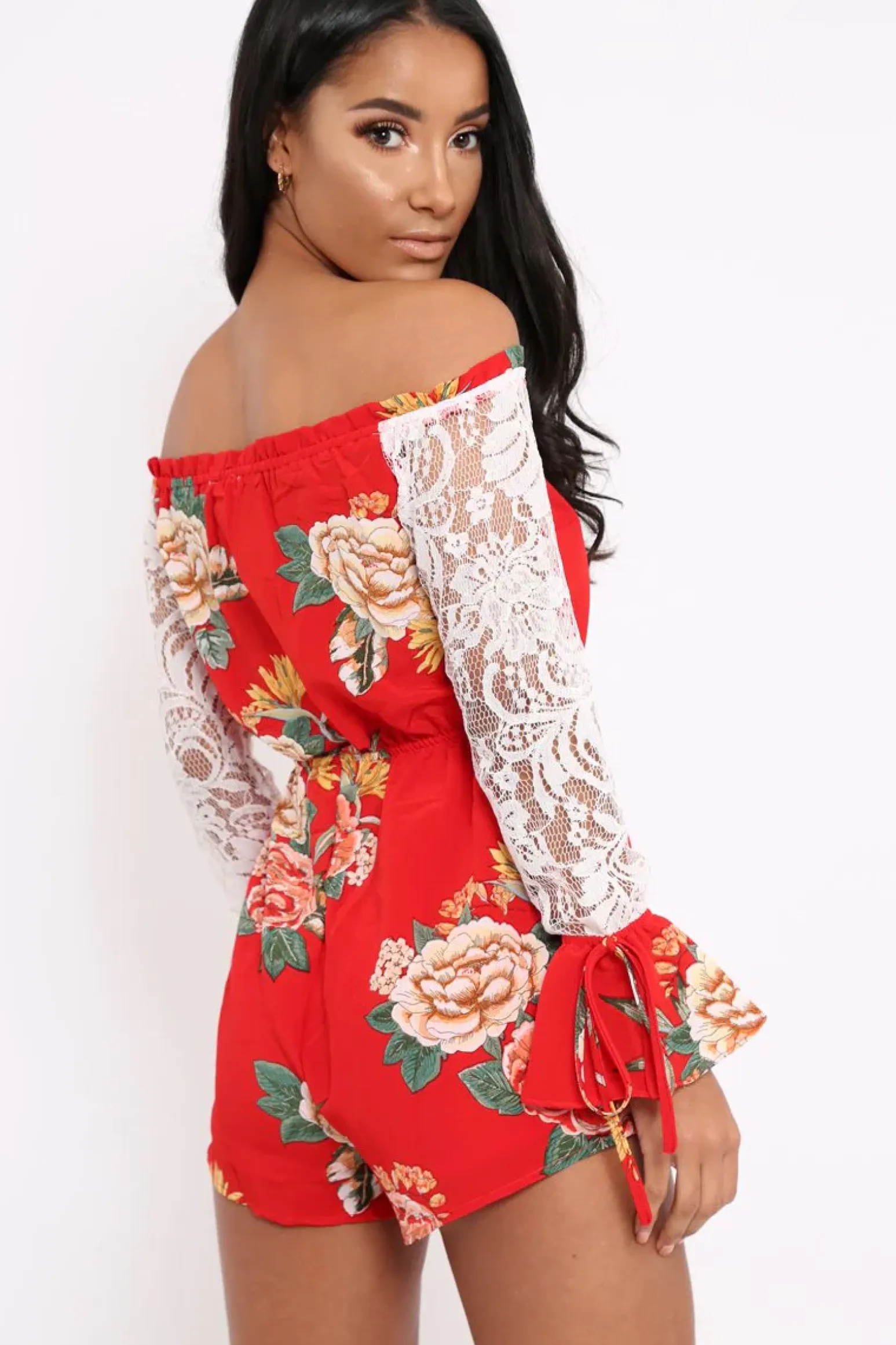 Rebellious Fashion Red Floral Bardot Playsuit with Lace Sleeves - Caroline