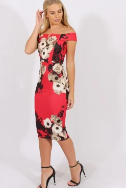 Rebellious Fashion Red Floral Bardot V Front Midi Dress - Lynn