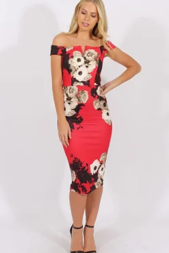 Rebellious Fashion Red Floral Bardot V Front Midi Dress - Lynn