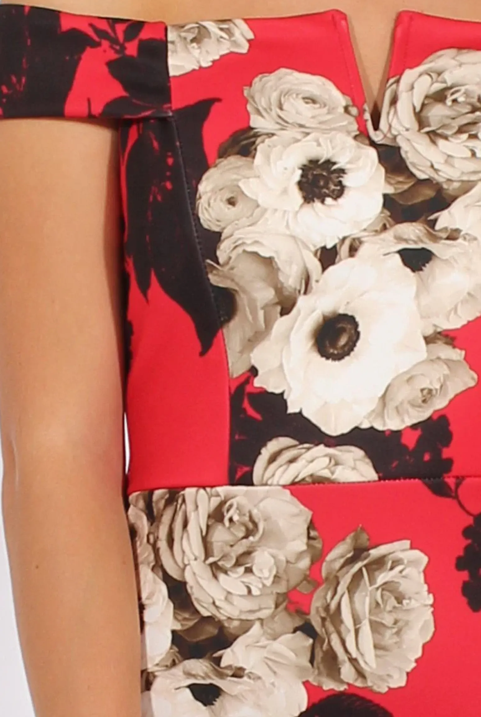 Rebellious Fashion Red Floral Bardot V Front Midi Dress - Lynn