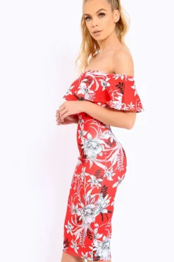 Rebellious Fashion Red Floral Frill Bardot Bodycon Midi Dress - Aphra