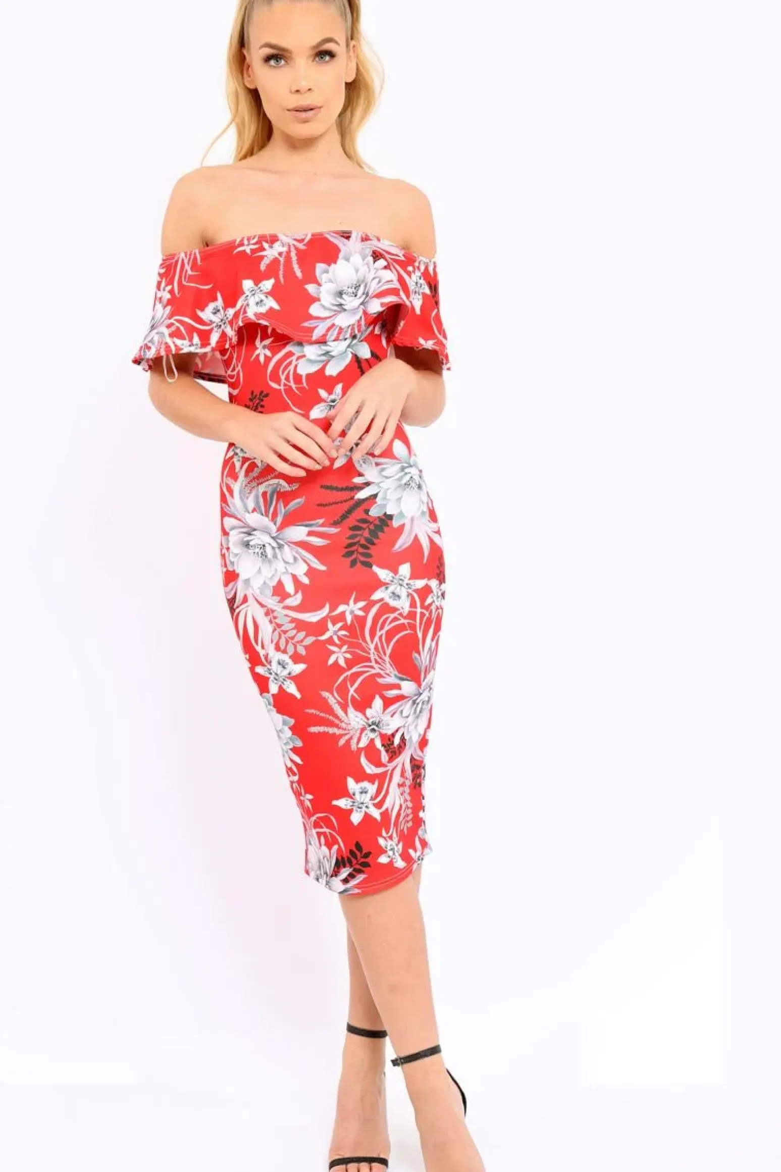Rebellious Fashion Red Floral Frill Bardot Bodycon Midi Dress - Aphra