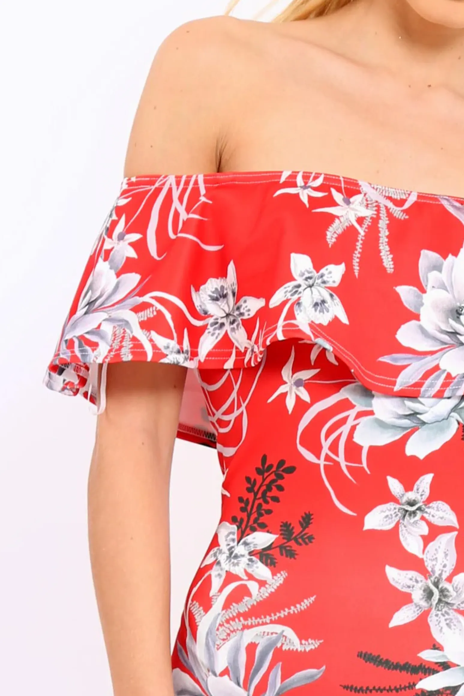 Rebellious Fashion Red Floral Frill Bardot Bodycon Midi Dress - Aphra