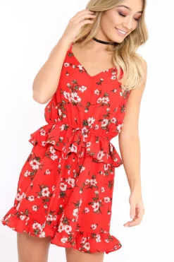 Rebellious Fashion Red Floral Frill Playsuit - Alina