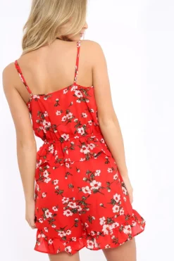 Rebellious Fashion Red Floral Frill Playsuit - Alina