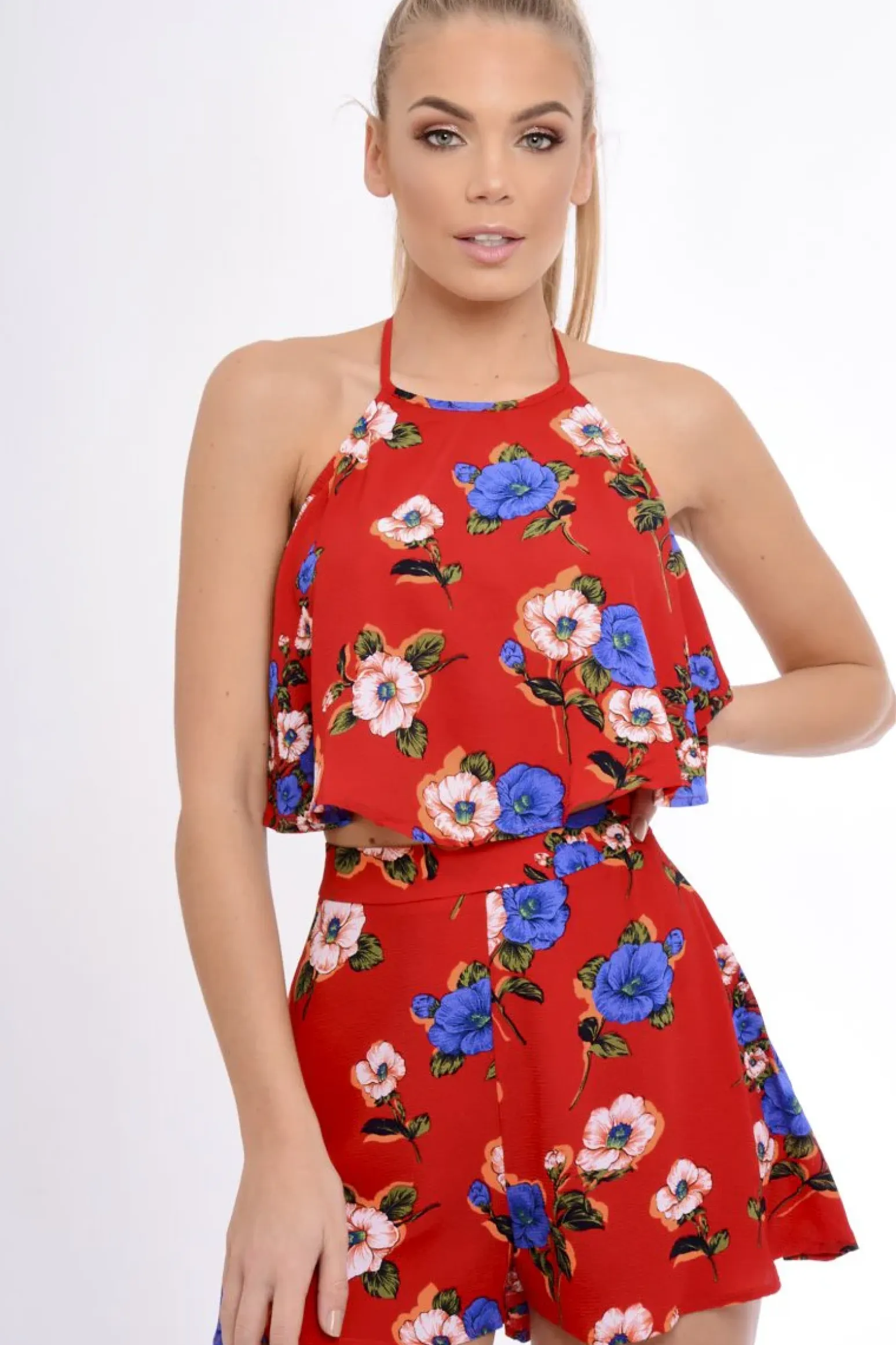 Rebellious Fashion Red Floral Halterneck Crop Top - Kamisha